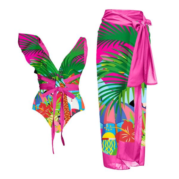 Fato de Banho Rainforest Color Estampado com Decote em V Biquíni Sexy Alça Halter Moda Feminina Vestido de Praia Irregular com Cadarço 230727