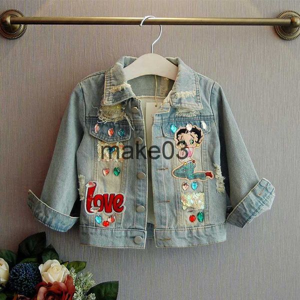 Jacken Koreanische Mädchen Pailletten Denim Jacke Kinderkleidung 2023 Frühjahr Neue Weißes Loch Mädchen Zerrissene Jeans Mantel Outwear Hemd Kinder Kleidung J230728