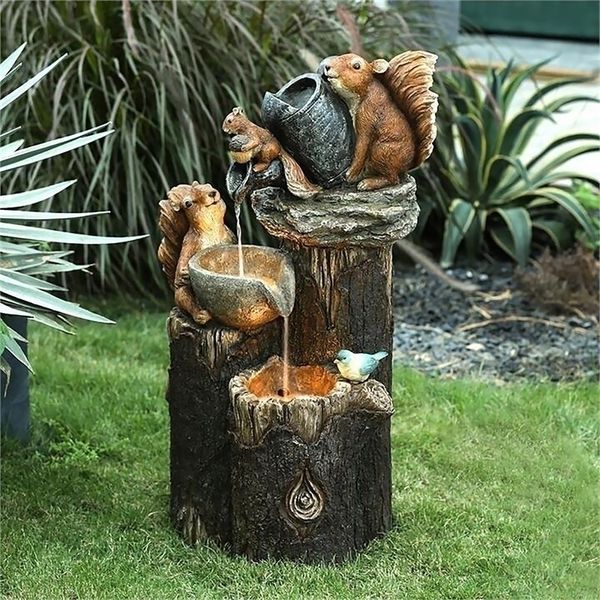 Dekorative Objekte Figuren Tier Eichhörnchen Ente Gartenstatue mit Solarleuchten Wasserfall Brunnen Harzfigur Outdoor Heimdekoration Geschenke 230727