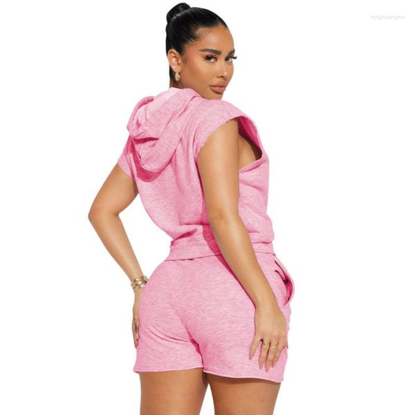 Agasalhos femininos rosa conjunto de shorts de 2 peças moda gola com capuz sem mangas top esportes curto dois com mulheres