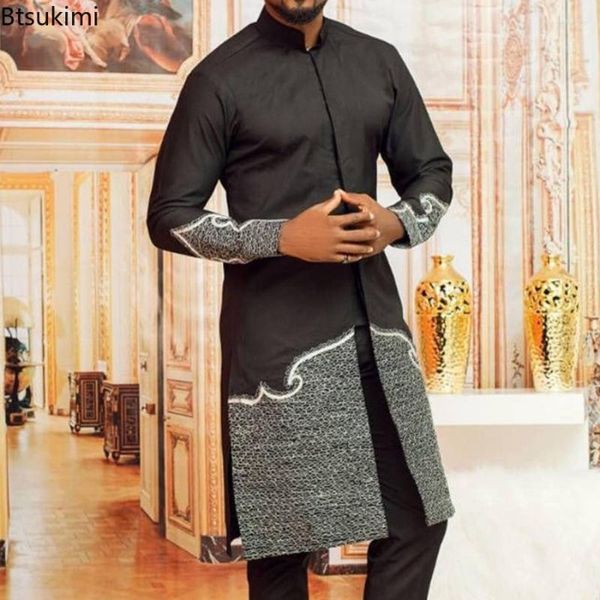 Erkek Trailsits 2023 Müslüman 2 Parça Sıradan Setler Moda Geleneksel Afrika Giyim Erkek İşlemeli Üst Takım ve Katı Pantolon 2 PCS