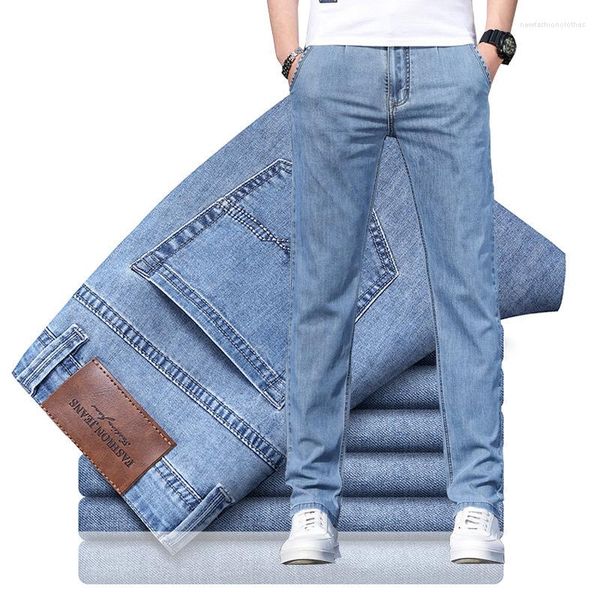 Jeans masculino 2023 primavera verão marca reto leve alta qualidade lyocell elástico negócios casual cintura fina