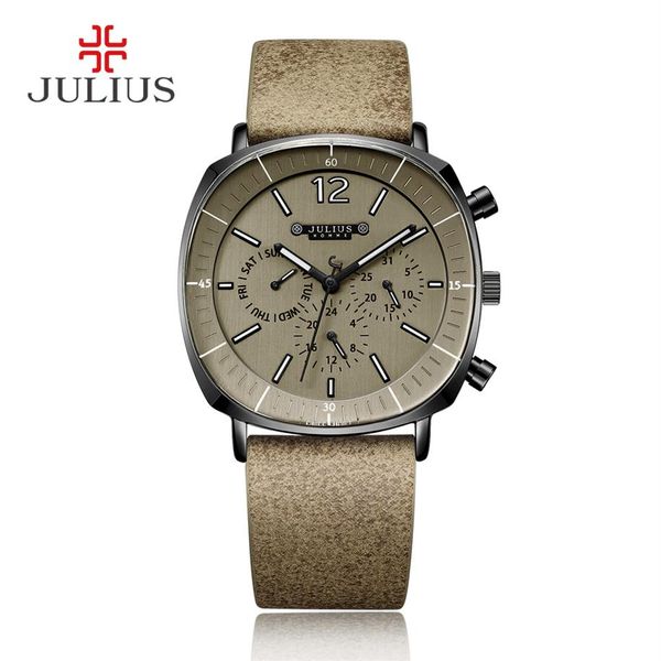 JULIUS Real Chronograph Men's Business Watch 3 Mostradores Pulseira de couro Relógio de pulso de quartzo com mostrador quadrado Presente JAH-098291k