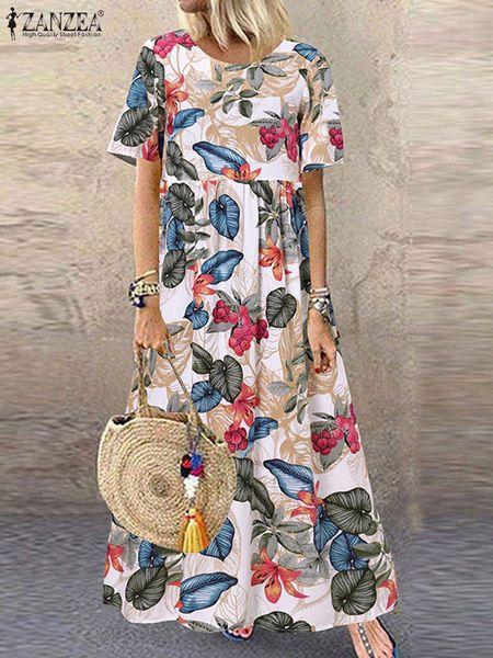 Основные повседневные платья Zanzea Bohemian Holiday Sun Dress Летнее женское винтажное цветочное принт с коротким рукавом платье с коротким рукавом свободно