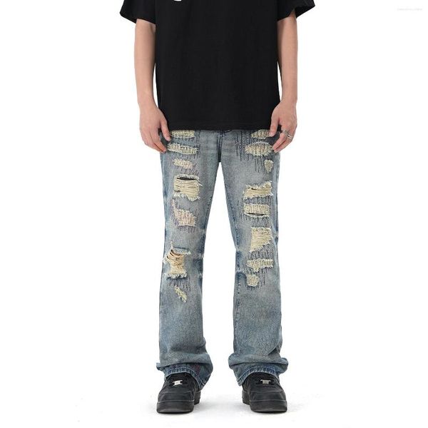 Erkekler Kot Hip Hop Patchwork Erkek Geniş Vintage Delik Yıkanmış Jean Flare Pant Sokak Giyseni Yıkılmış Ağır Yıkılmış Denim Pantolon