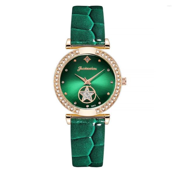 Armbanduhren Mode Grüne Uhren Luxus Frauen Diamant Besetzte Quarzuhr Damen Leder Elegante PU Damen