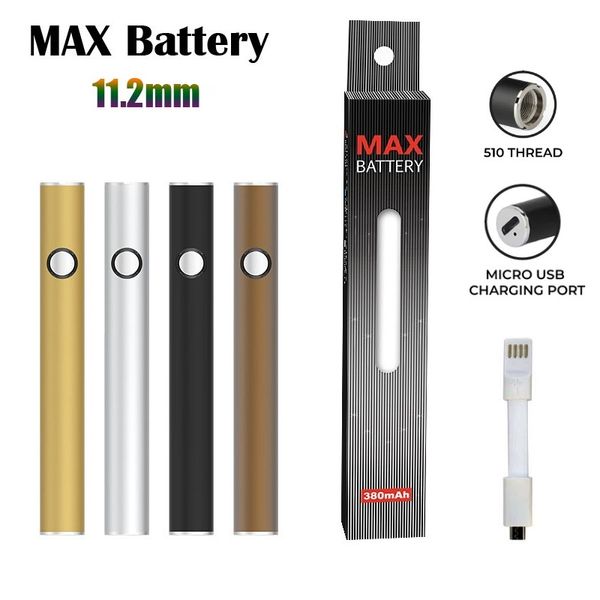 Original Max-Batterie, 11,2 mm Durchmesser, Kartuschenbatterien, USB-Passthrough, 380 mAh, Vorheizspannung, VV-Vape-Stift, passend für 510 Karren, direkt ab Werk