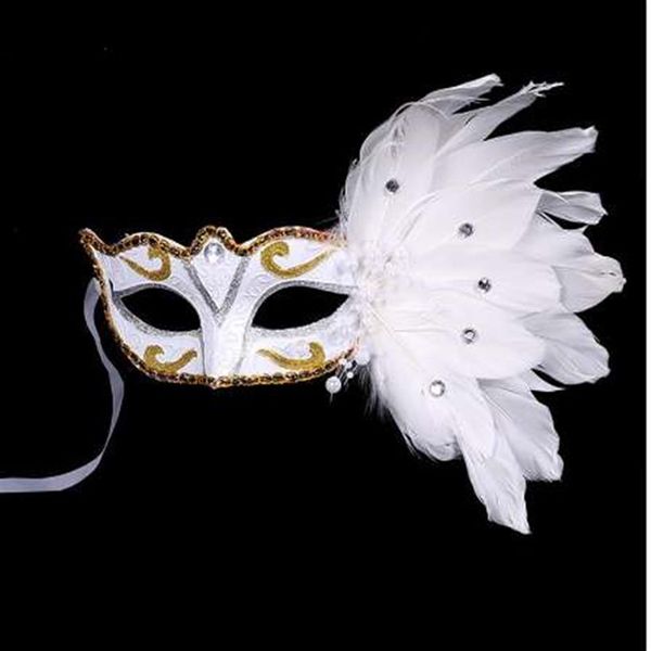 Maschera veneziana in maschera su bastone Mardi Gras Costume Maschera per gli occhi Stampa Carnevale di Halloween Maschera per feste con piume di bastone tenuto in mano251z