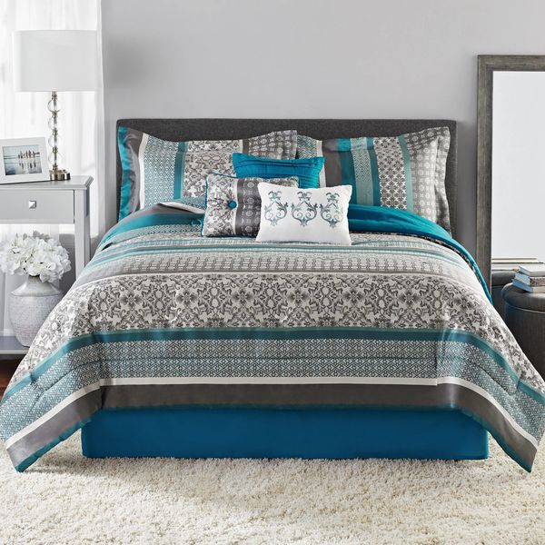Bettwäsche-Sets, 7-teiliges Princeton-Bettdeckenset aus gewebtem Jacquard, blaugrün, gestreift, volles Queen-Size-Bett 230727