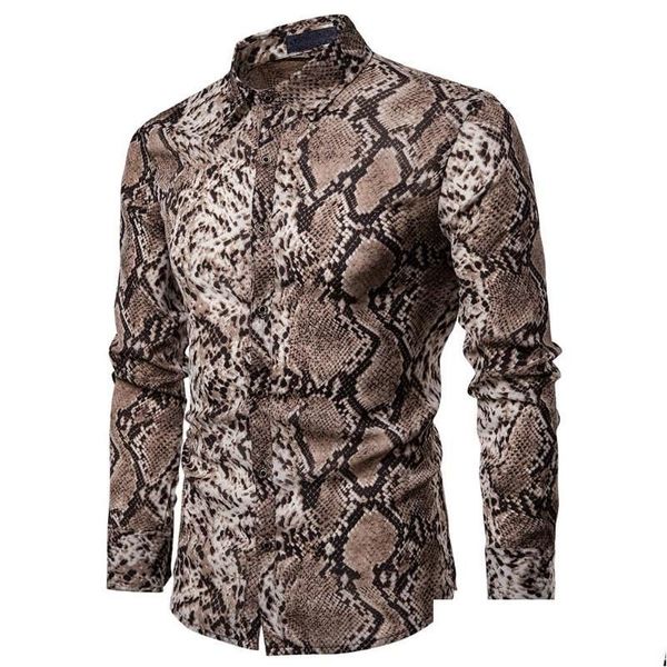 Camicie casual da uomo Tendenza della moda Camicia da uomo a maniche lunghe con bottoni Top Slim Fit Unico elegante modello di pelle di serpente Abiti pre-autunnali Drop Dhxaa