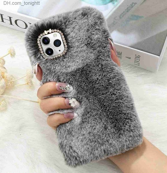 Cell Phone Cases For iPhone 11 Pro 8 Plus XR XS MAX Cases Warm Fluffy Furry Plush Hairy Phone Case Cover Cute Winter Rabbit Soft Fur Rhinestone1525084 Z230728