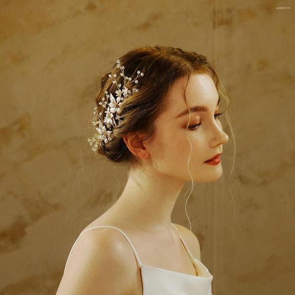 Kopfbedeckungen, goldene Metallblume mit Strasssteinen, Blättern, Kristall, Blumenmuster, handgefertigt, Braut-Haarspange, Kamm für Hochzeit