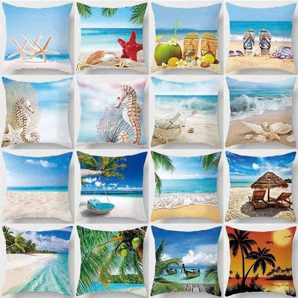 Cushion Pillow Pillow Praia Cenário do mar das conchas da margem de marrocas de margens do mar para decoração de casa 45 45cm Passagem cênica de estampa cênica Caso de poliéster 230727