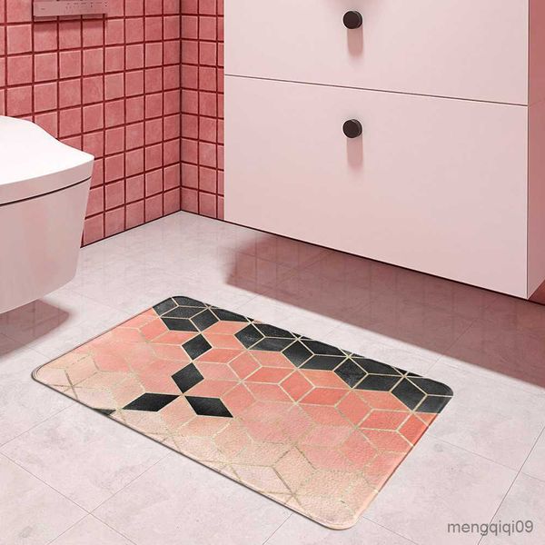 Teppiche Schwarz rosa geometrisches Muster Teppich Eingang Fußmatte Bad Bodenteppiche Matte Anti-Rutsch-Küchenteppich für Zuhause dekorativ R230728