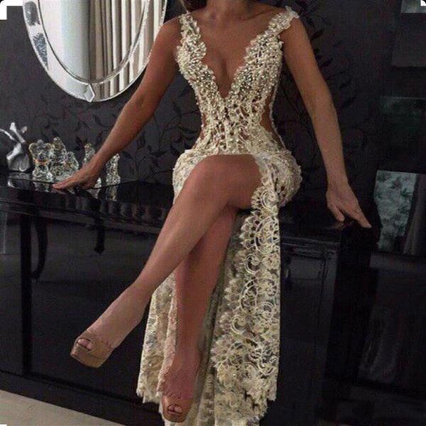 Kleid Abendgarderobe Sexy Champagner High Side Split Meerjungfrau Abendkleider Perlen Perlen Nigerianischen Spitze Stile Prom Dress217C