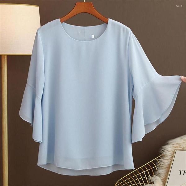 Kadın bluzları Koreli Zarif Gevşek All-Match Flare Kollu Bluz Giysileri 2023 Yaz Büyük Boyut Ediciler Ofis Bayan Gömlek