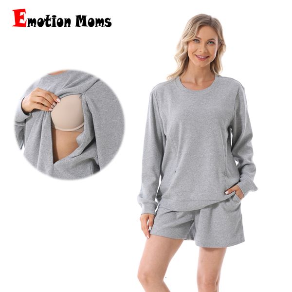 Uyku Salonu Hamile Kadınlar 2 PCS Set Sweatshirt ve Şort Pantolon Yaz Emzirme Bluz Setleri Annelik Takım Kıyafetleri 230728