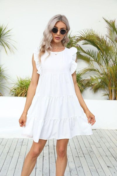 Vestidos casuais 2023 verão feminino manga folha de lótus gola redonda saia longa plissada cor sólida vestido bonito feminino branco