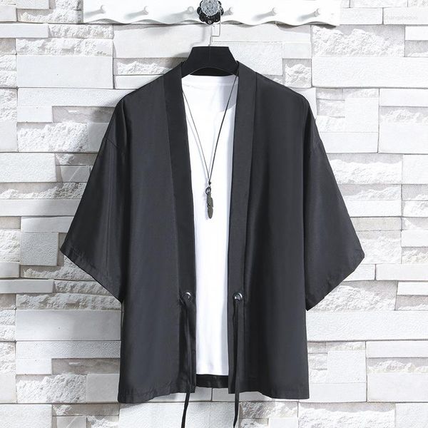 Мужские куртки № 4274 Летняя солнцезащитная куртка мужская черная белая синяя верхняя одежда винтажная кимоно три четверти рукав хип -хоп кардиган