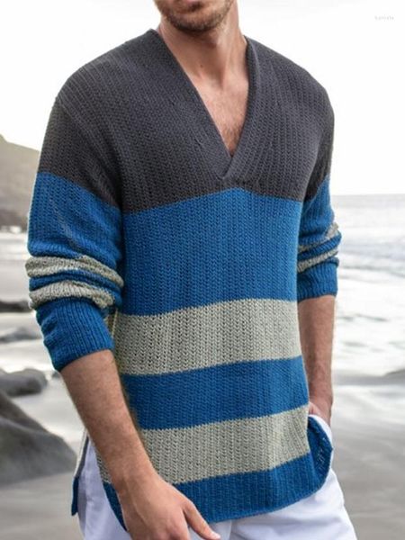 Мужские свитеры полосатые полосатые вязаные свитера для мужчин-идеальное блокирование цвета; С длинными рукавами