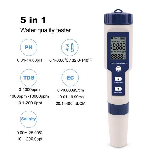 Medidores Professional Digital Water Tester 5 em 1 PH TDS EC Salinidade Temperatura Caneta Medidor multifuncional à prova d'água 302W