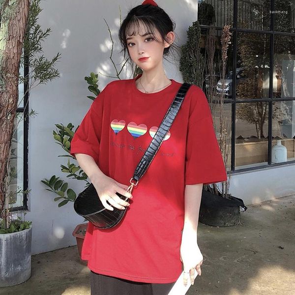Damen T-Shirts Harajuku Sommer Junges Mädchen T-Shirts Mode Baumwolle Y2k Ästhetisches Muster Druck Kurzarm T-Shirt Frauen Weiß Rot Tops