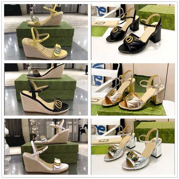 Sandálias luxuosas de couro legítimo, sandálias femininas clássicas de verão, salto alto, moda, sapatos femininos G, tamanho 35-42, com caixa