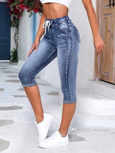 Nova calça jeans feminina com cordão cintura alta perfurada alta elástica jeans