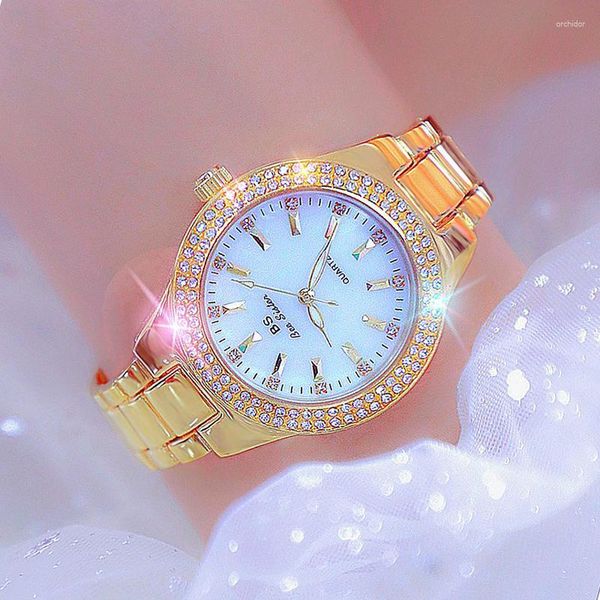 Relógios de pulso de ouro feminino relógios de pulso 2023 para senhoras vestido relógio cristal diamante aço inoxidável prata relógio montre femme