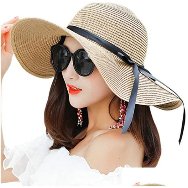 Stingy Brim Hats Fashion Womens Big Sun Hat Шляпа гибкая складная складка Bowknot St Summer Beach 10pcs/Lot Drop Accessory Accessories Glove Dh6h9