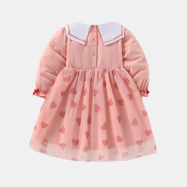 Mädchen Kleider Kleid Rosa Frühling Herbst Baumwolle Herz-print Mesh Süße Prinzessin Vielseitig 2023 Sailor Kragen Koreanische Mode