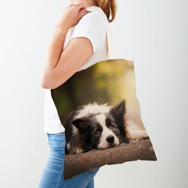 Borse per la spesa Borsa da donna scozzese Border Collie Borsa pieghevole riutilizzabile per animali casual Borsa a tracolla da viaggio alla moda su entrambi i lati