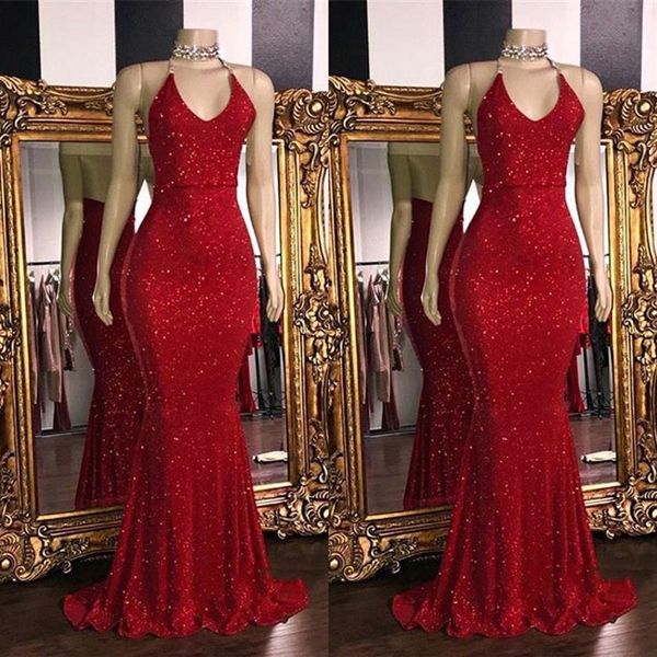 Sparkly Red Sequinssexy v Neck Black Prompes 2019 Halter Mermaid Long Prom Platens Low Back Arabic Party Bless BC1085314K