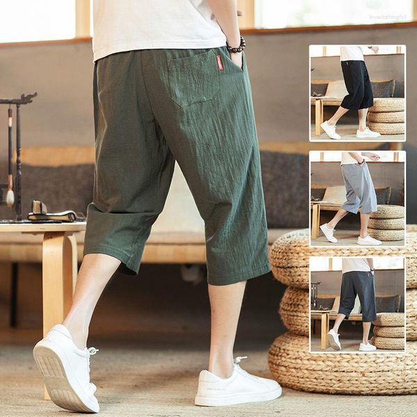 Pantaloncini da uomo casual in lino corto estate stile cinese vestibilità ampia tubo dritto spiaggia cotone elastico in vita