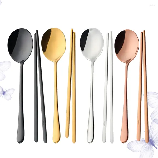 Geschirr-Sets, 4 Edelstahl-Utensilien, Tafelservice, Geschirr, Essstäbchen, Löffel, wiederverwendbares Besteck, Löffel und Gabeln, rund