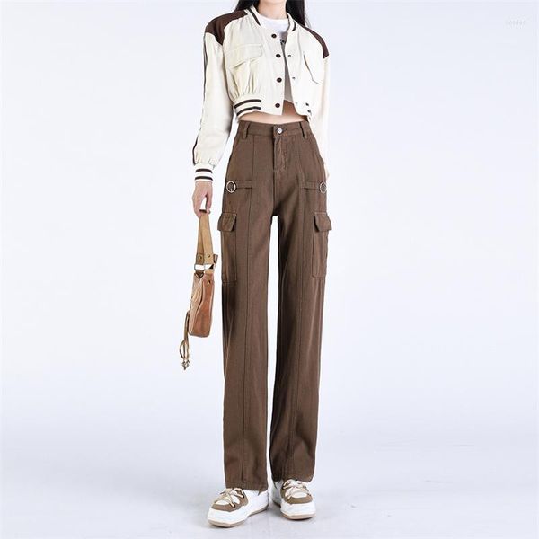 Kadın kot pantolon Amerikan vintage iş kıyafetleri yüksek bel düz pantolon geniş bacak rahat pantolon