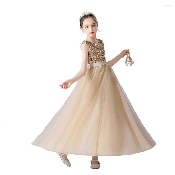 Vestidos para meninas Vestido de flores Casamento Dama de honra Lantejoulas Saia sem mangas Vestido para concurso de meninas Até o chão Baile de formatura Champanhe 4-5T