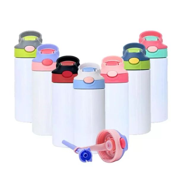 Sublimazione Tazza per bambini Bicchieri Sippy 12 once Bottiglia d'acqua per bambini Bicchiere da 350 ml Bicchiere a doppia parete in acciaio inossidabile con isolamento sottovuoto Tazza per bere Maniglia per coperchi ribaltabili