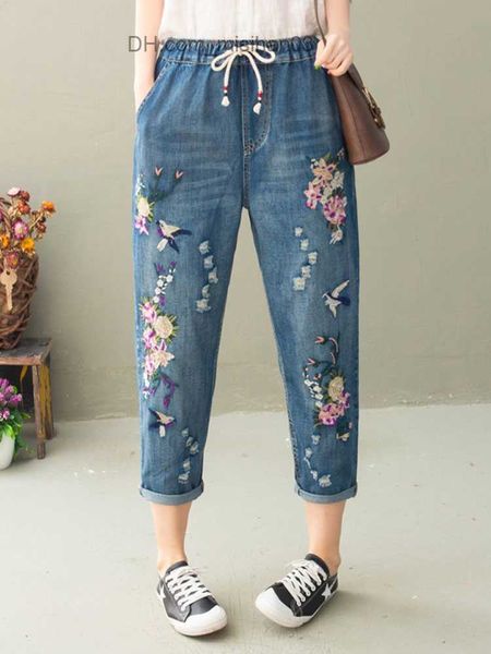 Jeans Feminino Max Jeans Feminino Vintage Flower Loose 2022 Primavera Estilo Chinês Casual Calça Jeans Rasgada Azul Buraco Calça Elástica Z230728