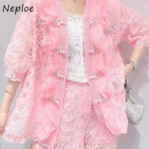 Tute da donna Neploe Fashion Lace Two Piece Set Femme 2023 Estate coreano Sweet Nail Bead Disc Button Hooded Protezione solare Cappotto Vita alta