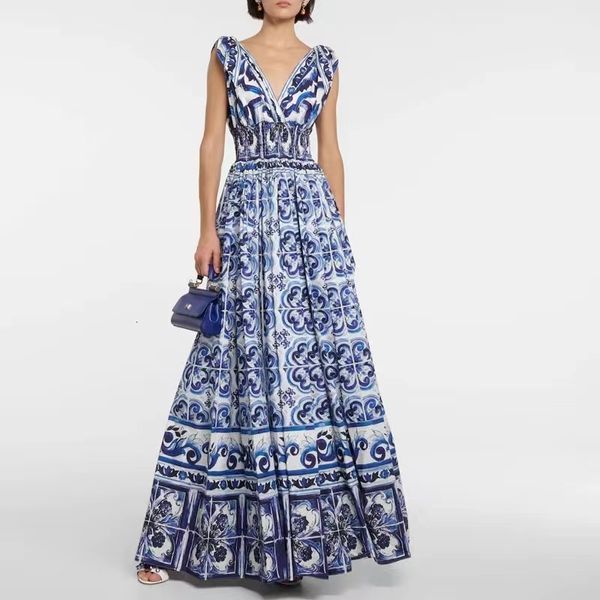 Vestidos Casuais Básicos Menahem Vestido Longo Férias de Verão Feminino Laço Espaguete Alça Ombro Decote em V Cintura Elástica Azul e Estampado Porcelana Robe Longo Festa 230727