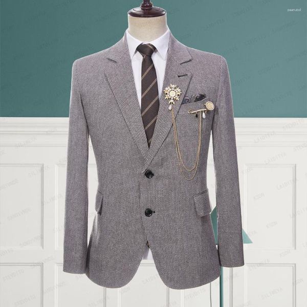 Abiti da uomo Uomo Estate Business Formale Lino Marrone e bianco a spina di pesce Slim Fit Sposo Abito da sposa Giacca Blazer Cappotto{category}