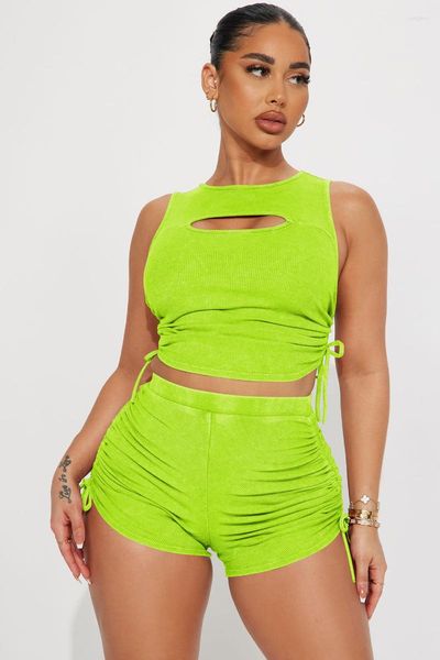 Damen-Trainingsanzüge WUHE Knit Ribbed Ruched Summer Set Cutout Front Tank Top And Shorts Suit 2023 Chic Two 2 Piece Outfits Trainingsanzug