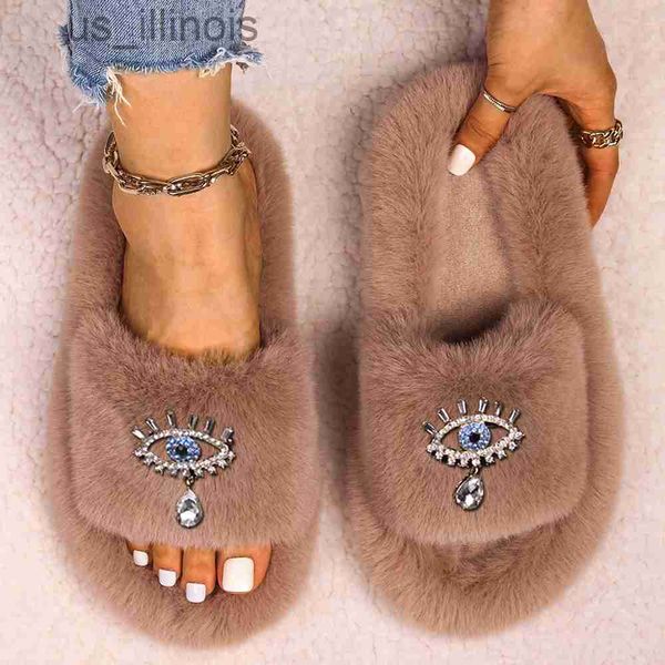 Slippers 2023 Пушистые шлепанцы женщины Bling Crystal Eye Fur Slides в помещении модные дамы