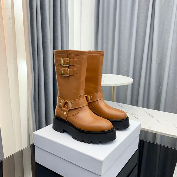 Nuovi stivali per caviglie in ginocchio motociclistica Pompe di punta rotonda Tambuli di lussuoso designer di lusso Bootie di moda vegetale in pelle abbronzata di cuoio factory factory calzature dimensioni 35-40