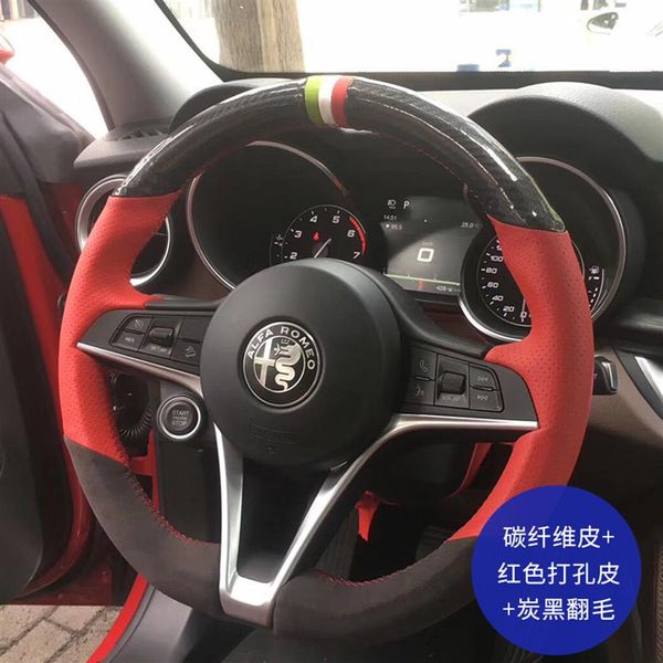 Per Alfa Romeo Stelvio Giulia Copri maniglia del volante cucito a mano fai-da-te Accessori interni291d