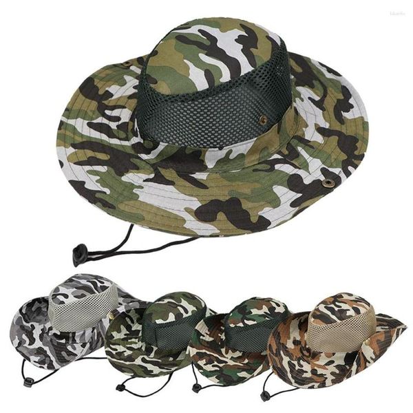 Cappelli a tesa larga Cappello da pescatore mimetico in rete traspirante per esterni Protezione solare Caccia Pesca Berretto da trekking Militare Panama Esercito estivo