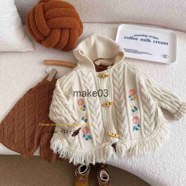 Giacche stile coreano autunno inverno bambino cappotto maglione ricamato fiore ragazze maglieria cardigan top bambini mantello giacche con cappuccio J230728