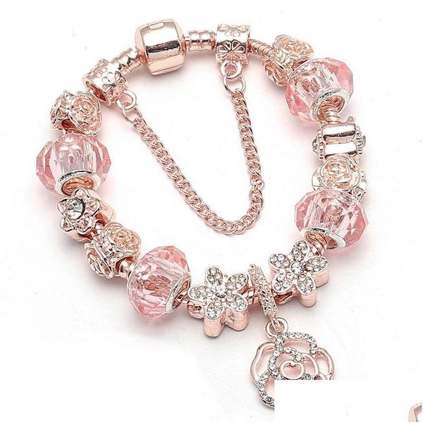 Charm-Armbänder Mode Pandora-Stil Armband Fünf Blütenblätter Blume Rose Anhänger Europäische Perlen Magnolia Cherry Dangle Fits Halskette D Dhcuj