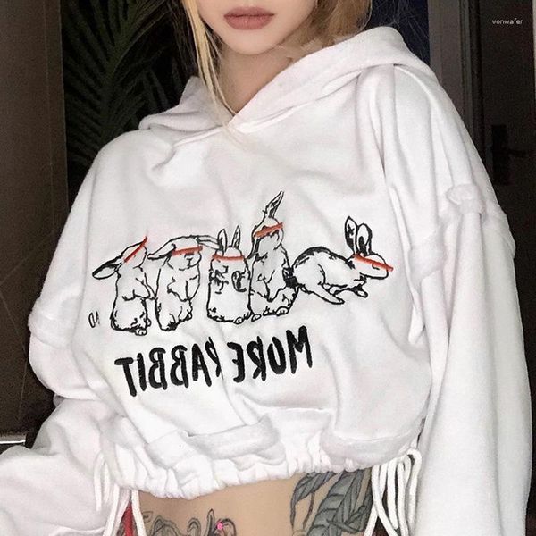 Kadın Hoodies Kadınlar 2023 Kırpılmış Kapşonlu Güzel Tavşanlar Baskı Nakış Kalın Fleece Bel Drawstring Sweatshirt Harajuku Tulunma